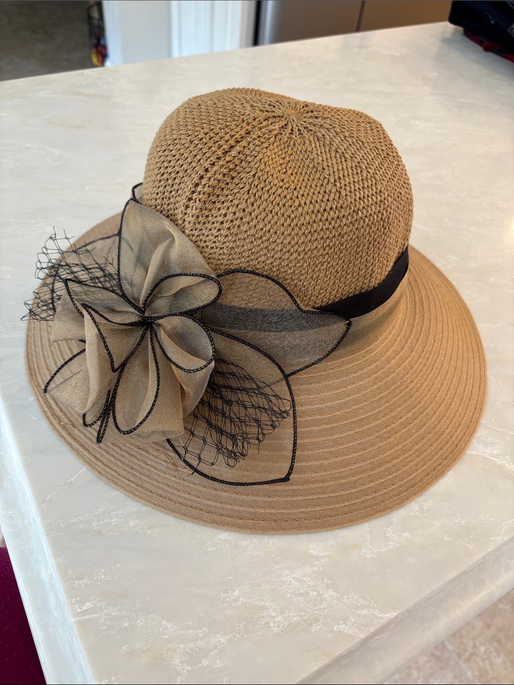 Classic Tan Wide-Brim Sun Hat with Black Bow